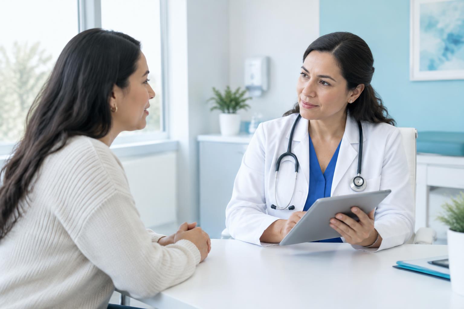 Médica escuchando a una paciente durante una consulta