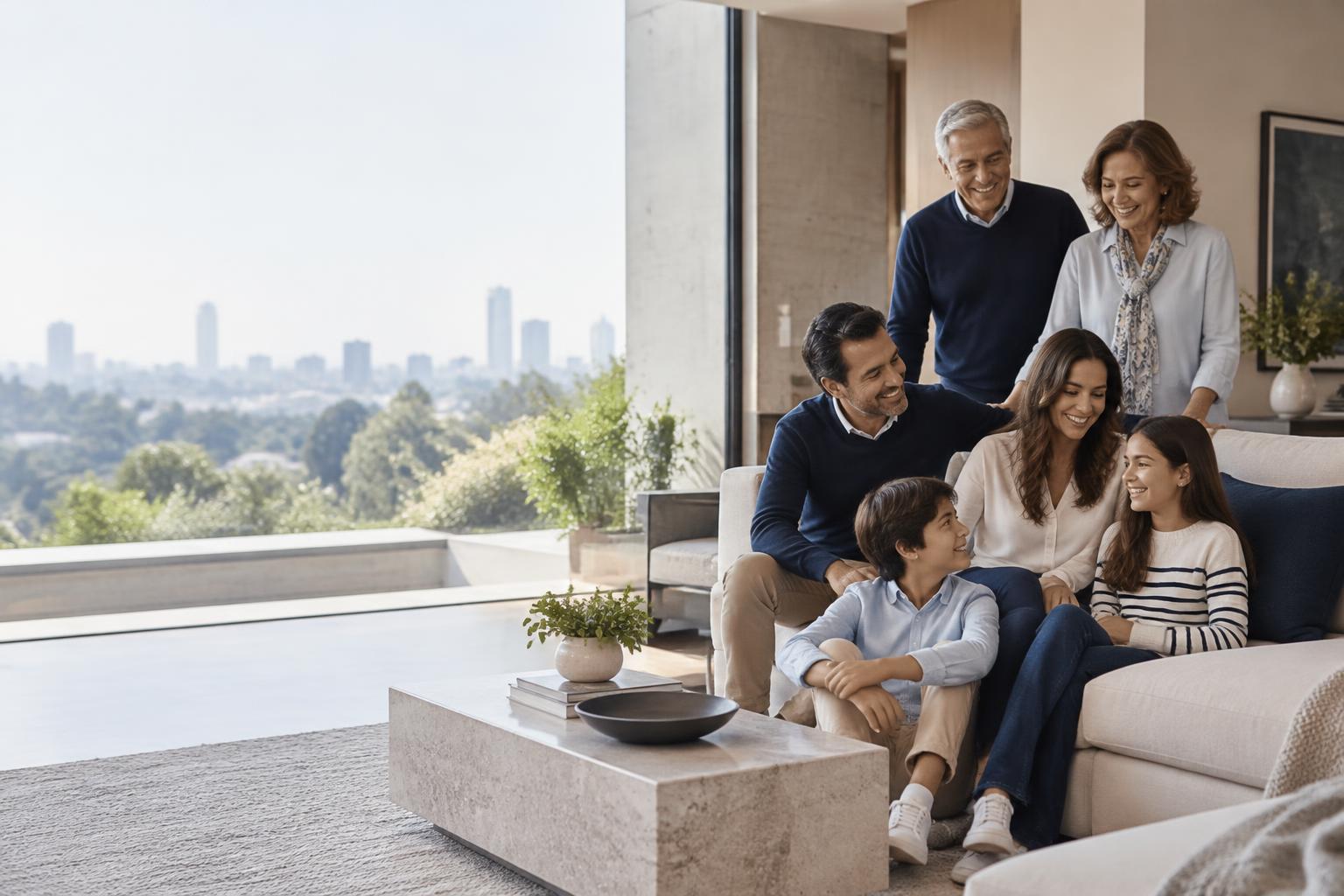 Familia mexicana de varias generaciones compartiendo tiempo en casa