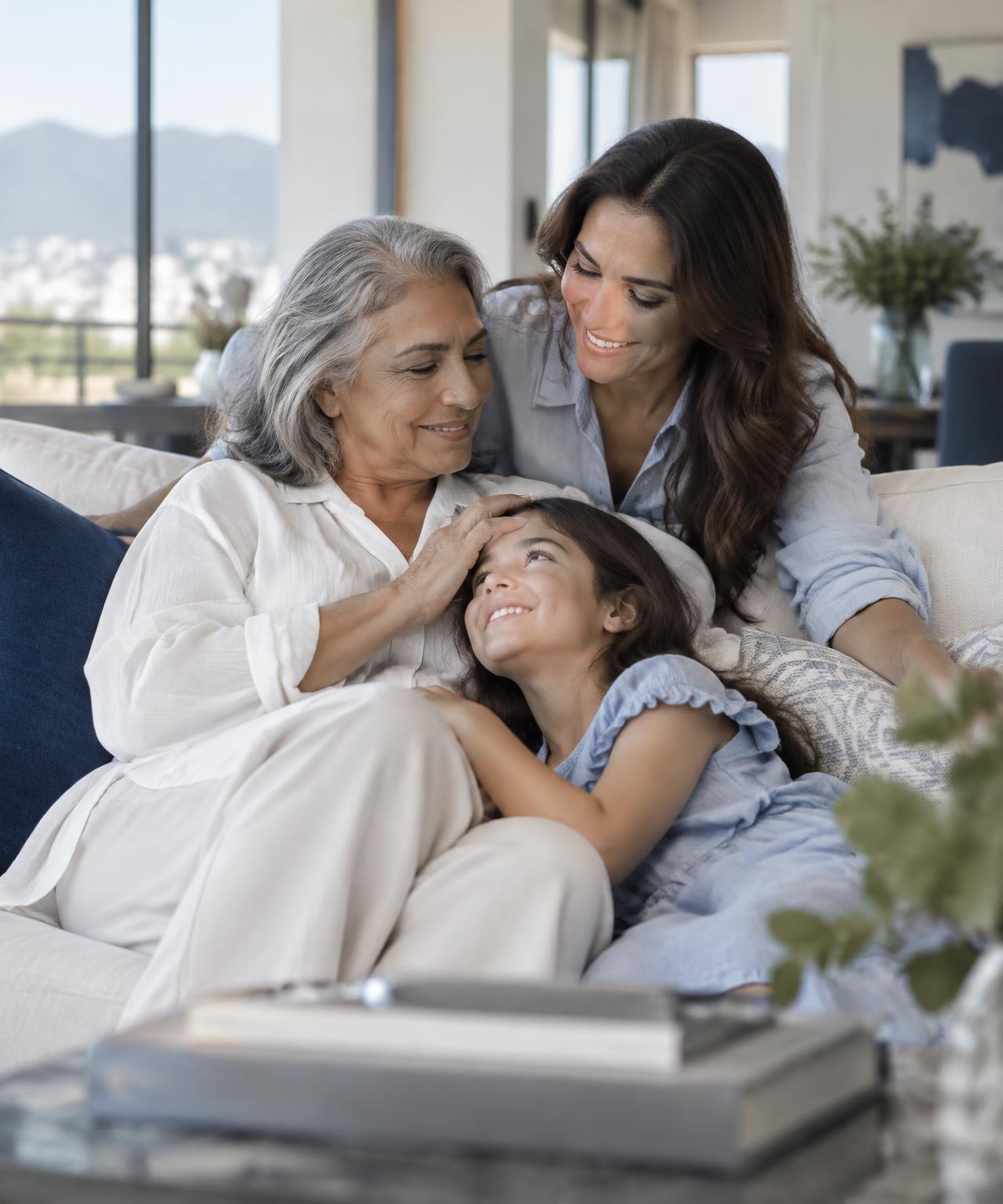 Abuela, madre y niña mexicanas compartiendo un momento familiar